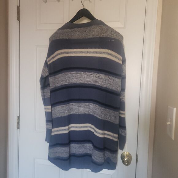 St. Johns Bay Sweater Womens Med Open Front Cardigan Pockets Knit Stripe Blue - Picture 2 of 4